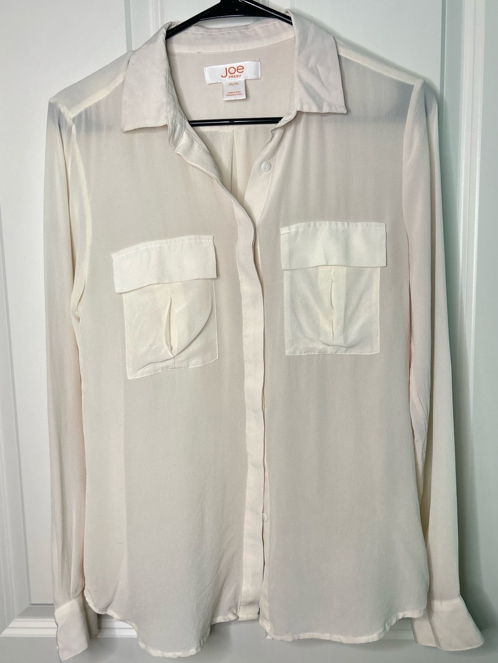 Joe Fresh 100% Silk Cream Sheer Long-Sleeve Button Shirt